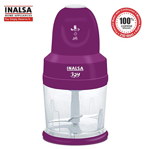 Inalsa Joy-250 Watts Electric Chopper with Copper Motor, Chop, Mince, Puree, Whisk, 850 ml Capacity, One Touch Operation, 1.30mtr Long Power Cord Inalsa Joy-250 Watts Electric Chopper with Copper Motor, Chop, Mince, Puree, Whisk, 850 ml Capacity, One Touch Operation, 1.30mtr Long Power Cord